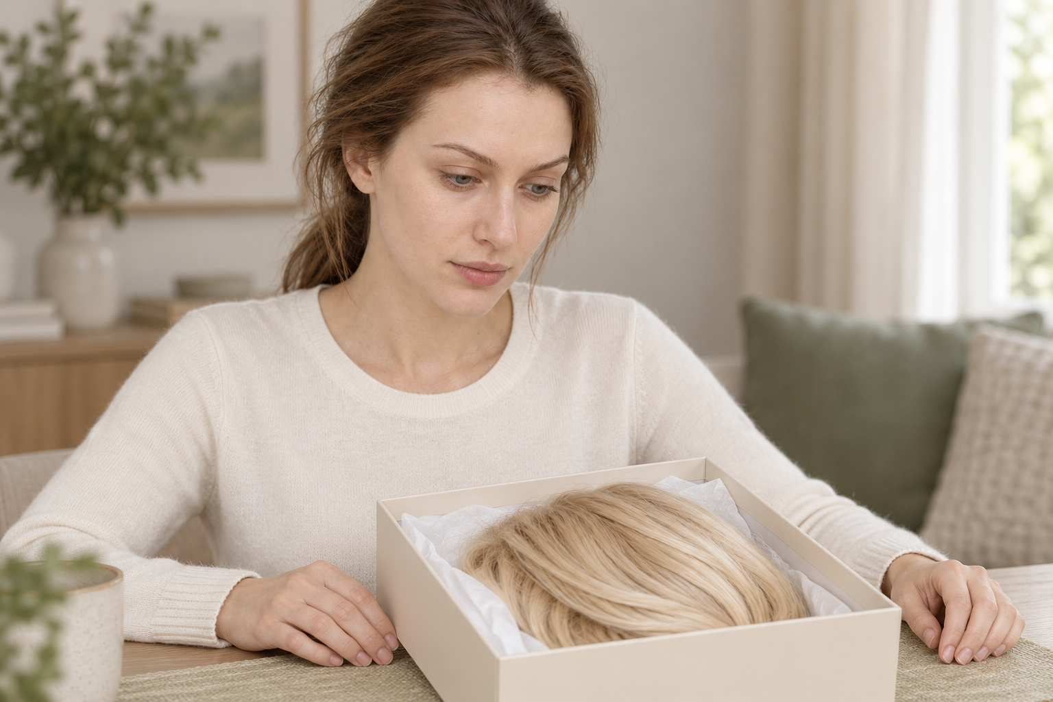 illustration of EVUNIA model 3 with brown hair pulled back, looking at a wig in an open box.