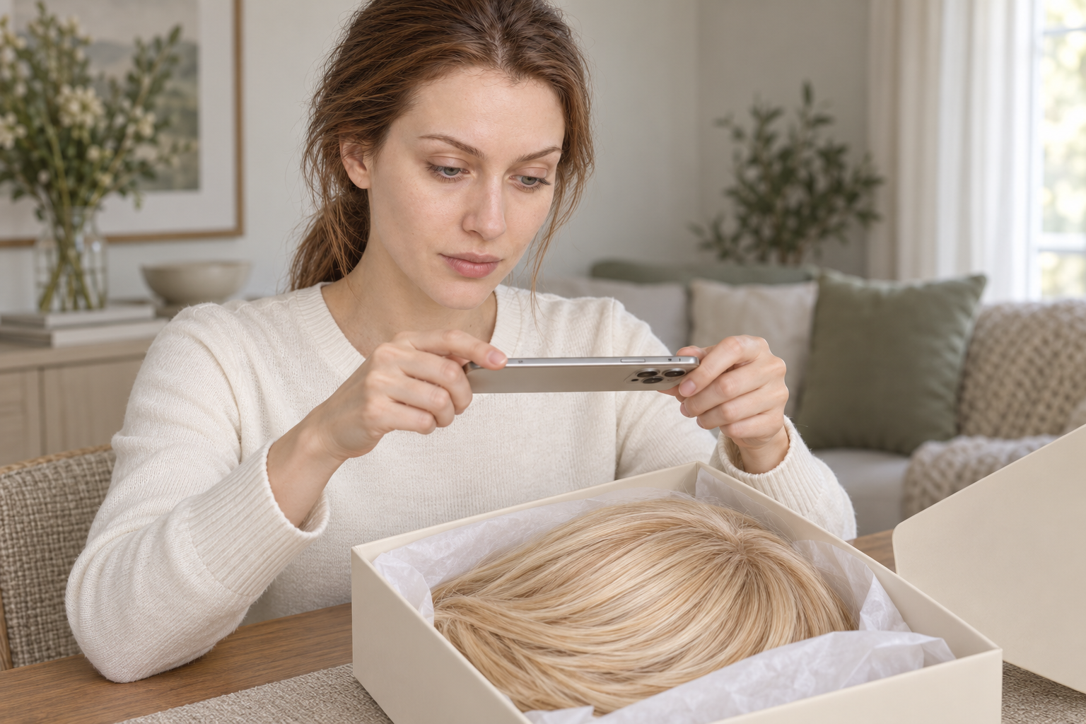illustration of EVUNIA model 3 photographing a boxed wig without wearing it.