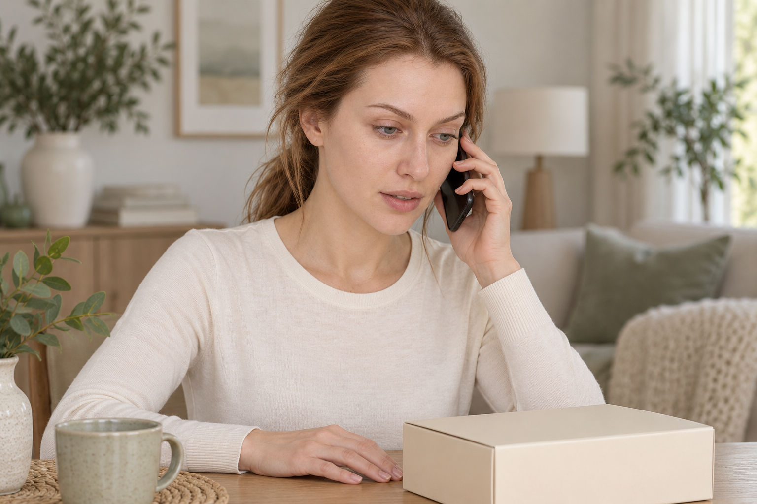 illustration of EVUNIA model 3 making a phone call beside a closed product box.