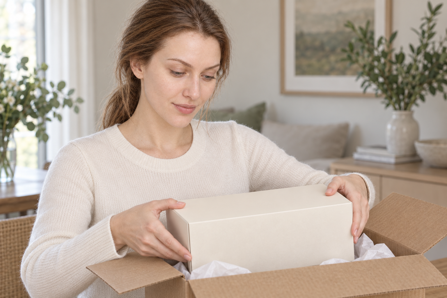 illustration of EVUNIA model 3 placing a closed product box inside a larger shipping carton.