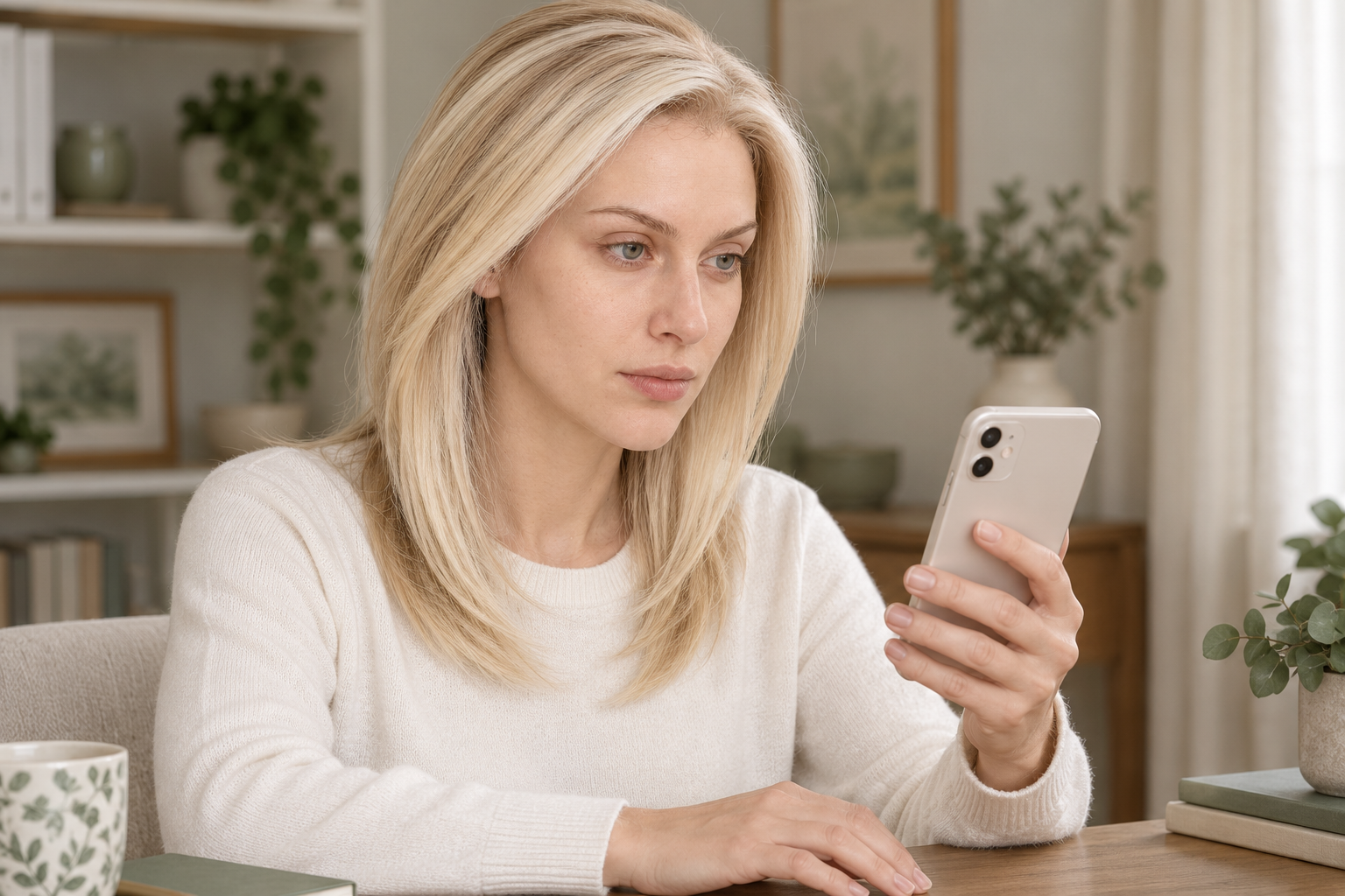 illustration of EVUNIA model 3 looking at a phone with its back facing the camera.