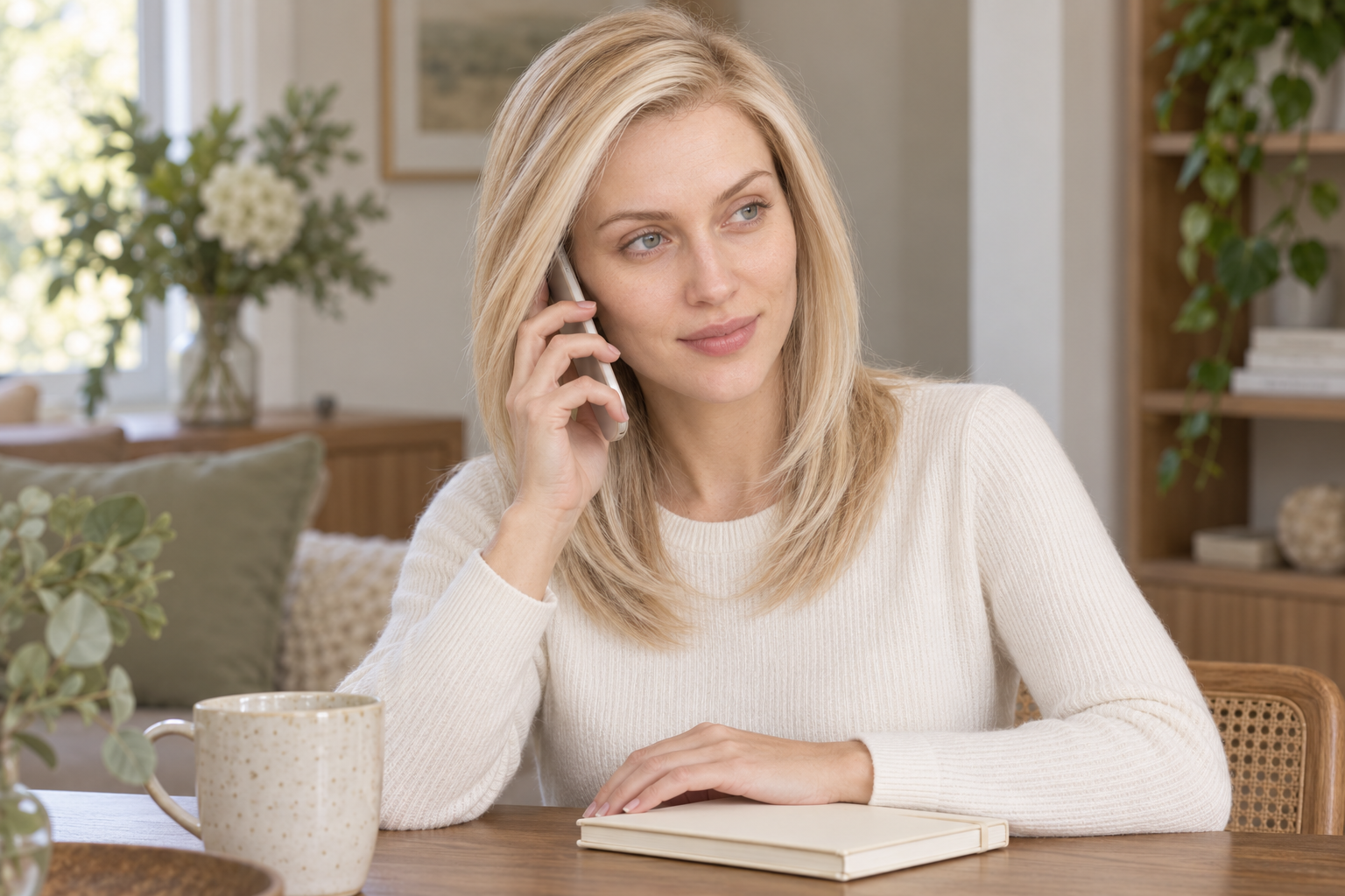illustration of EVUNIA model 3 speaking on a phone beside a closed notebook.