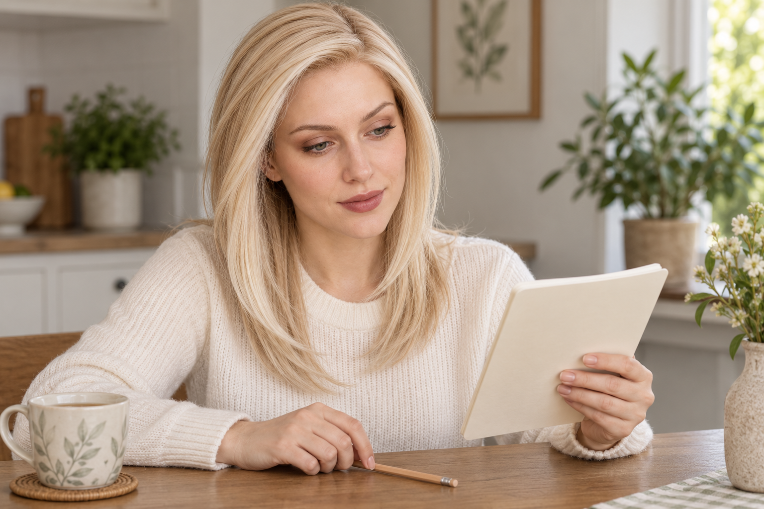 Model 3 wearing the golden layered wig looking thoughtfully at a plain notebook with a pencil resting on the table.