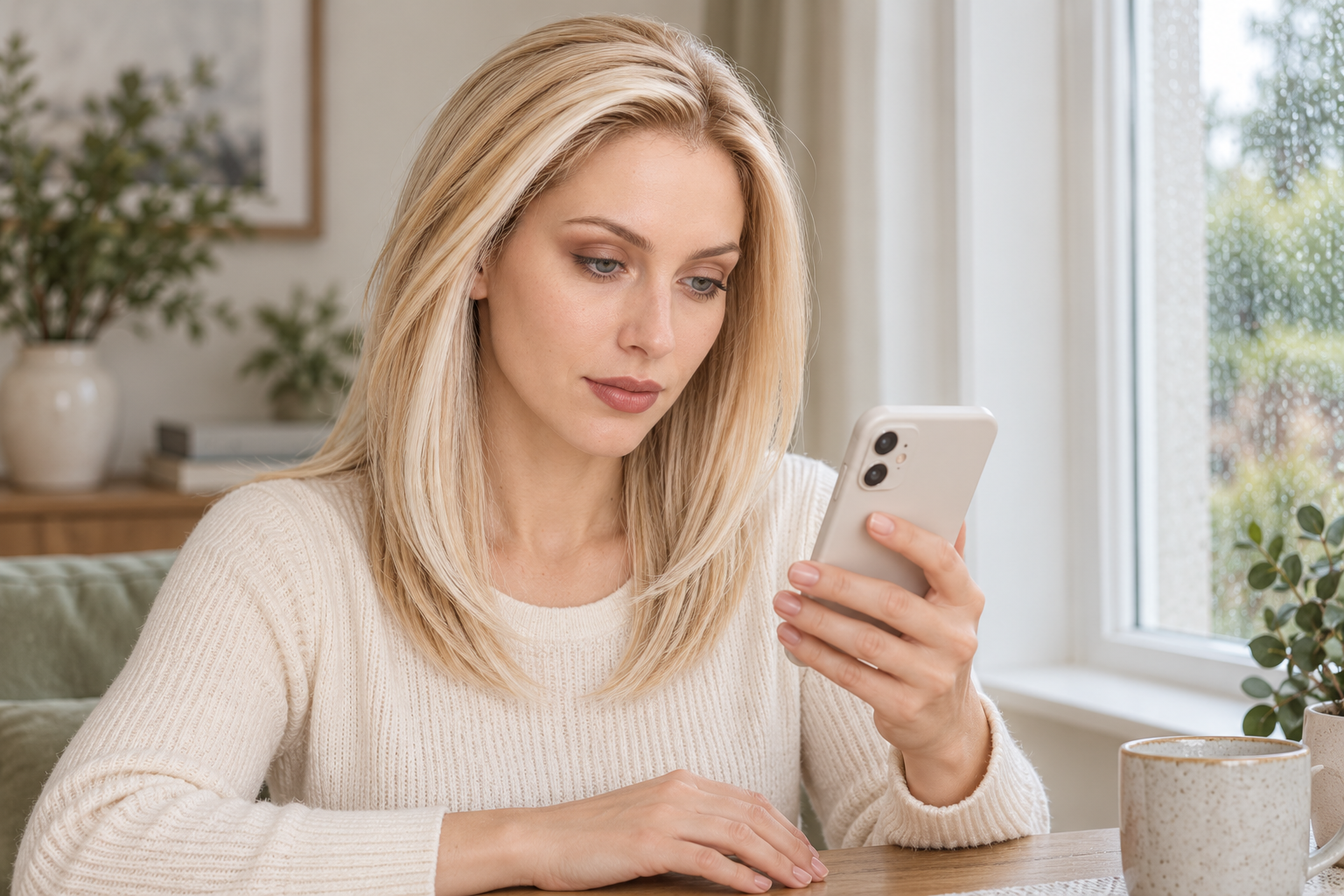 Model 3 looking at a phone held with its screen facing her while wearing the golden layered wig.