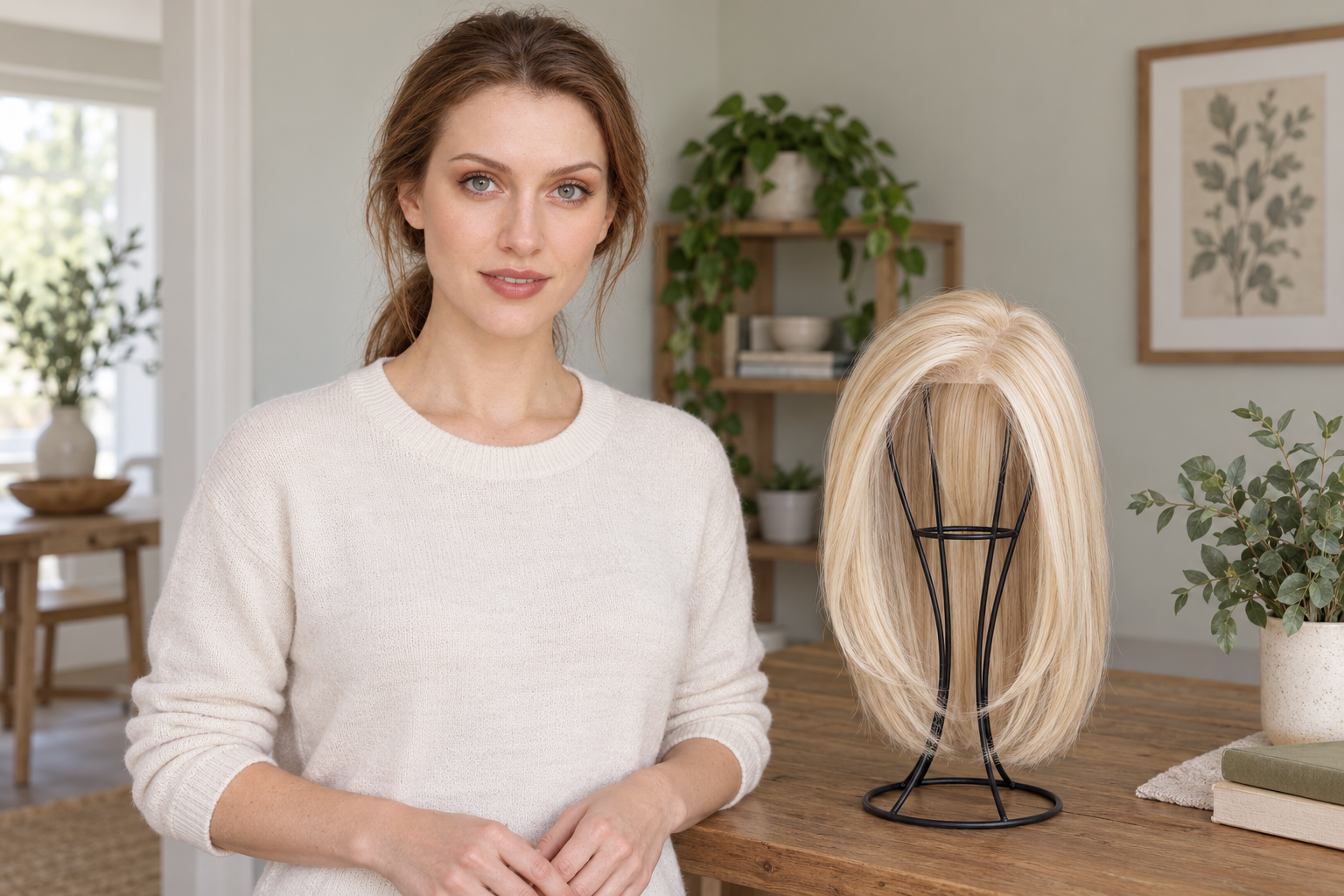 Model 3 with tied-back brown hair smiling beside a golden blonde wig supported by an open wire stand on a wooden table.