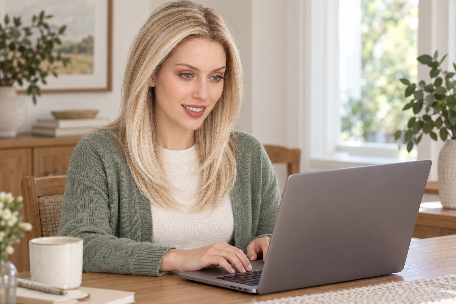 Model 3 wearing the golden layered wig and checking a laptop with the screen facing away from the camera.