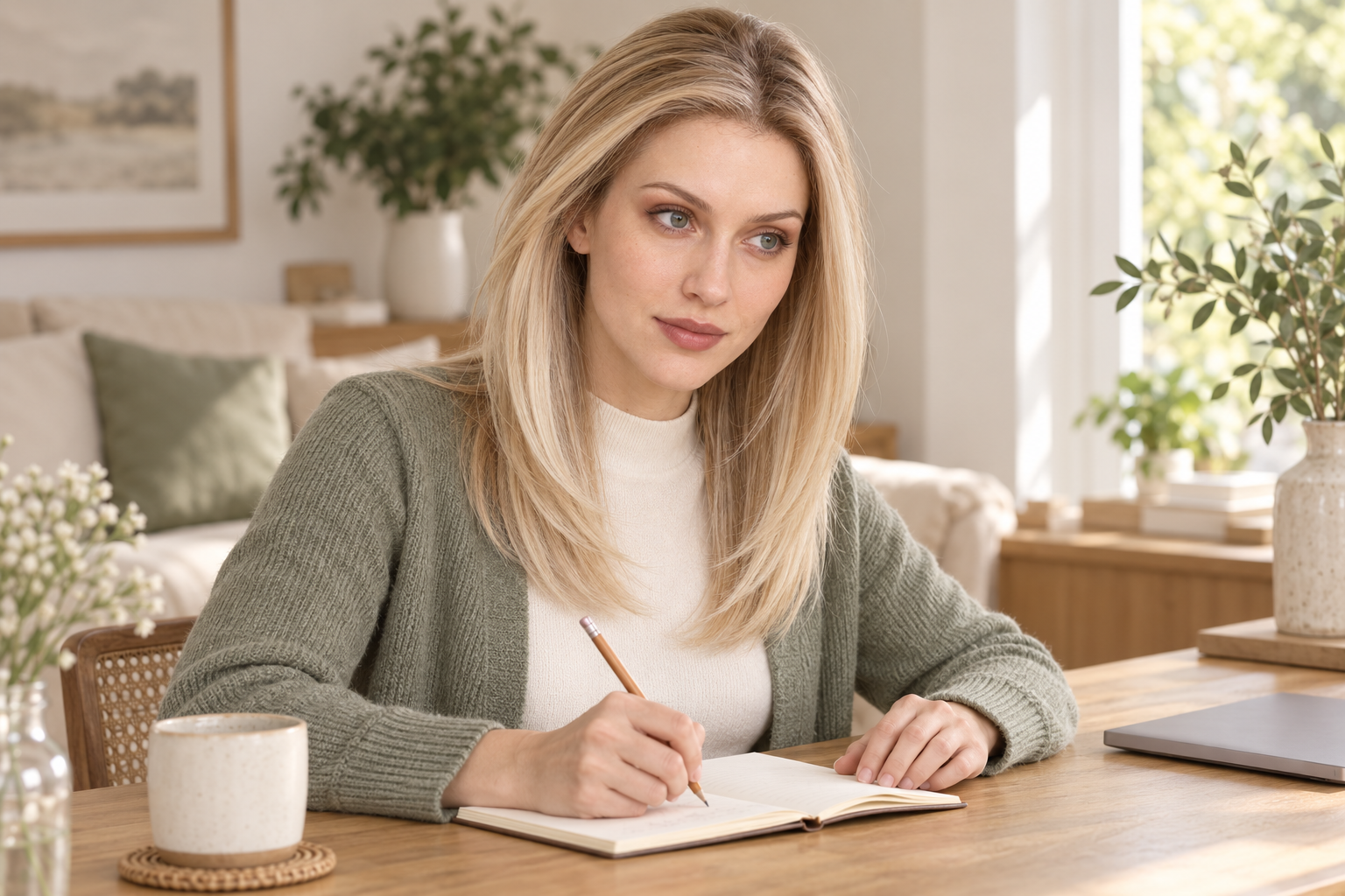 Model 3 wearing the golden layered wig and writing in a notebook at a table, with the page unreadable.