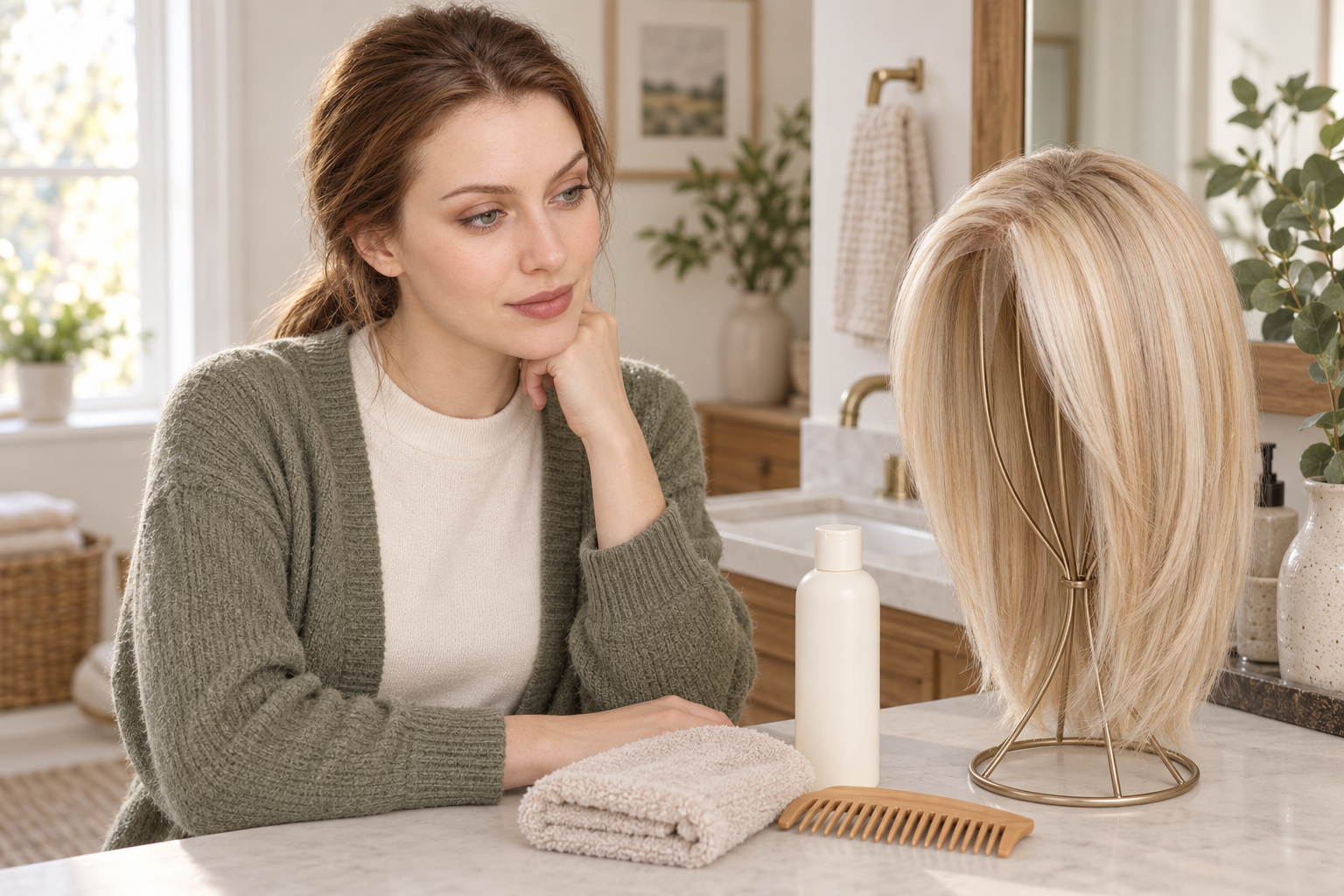 Model 3 with brown hair tied back beside an unlabelled bottle, towel, wide-tooth comb and golden wig on a stand.