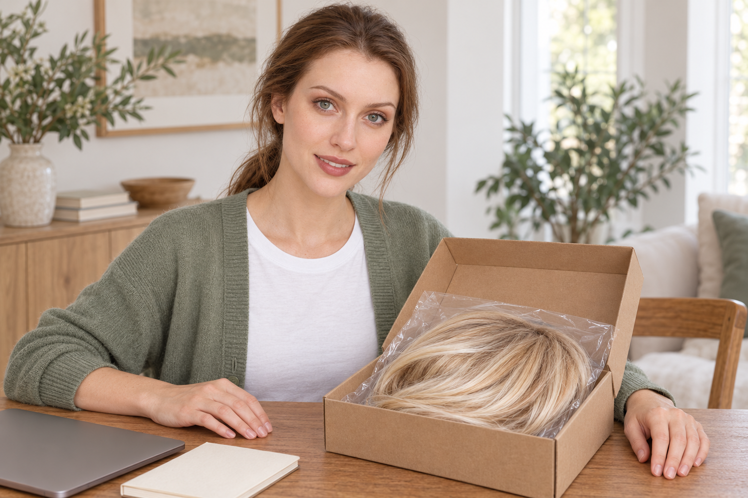 Model 3 smiling with upper teeth visible beside a boxed golden wig and a closed laptop