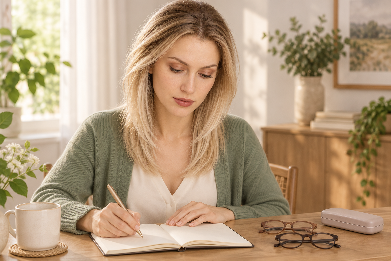 Model 3 taking notes beside two pairs of glasses and a glasses case on a table.