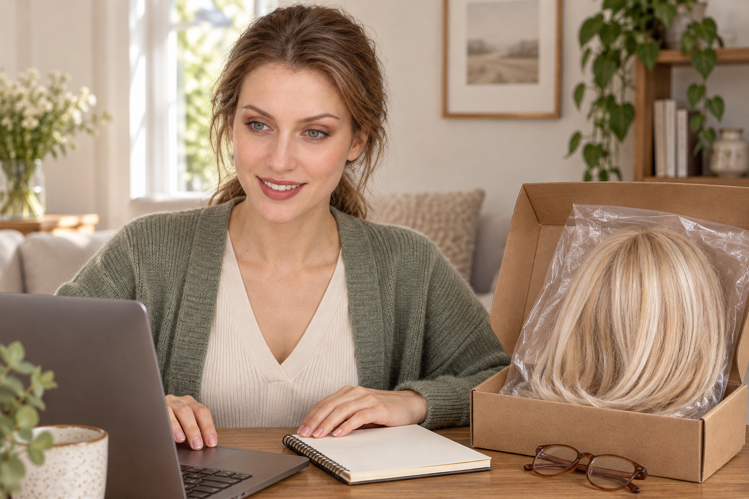 Model 3 at a laptop with a notebook, eyeglasses and a boxed wig beside her.
