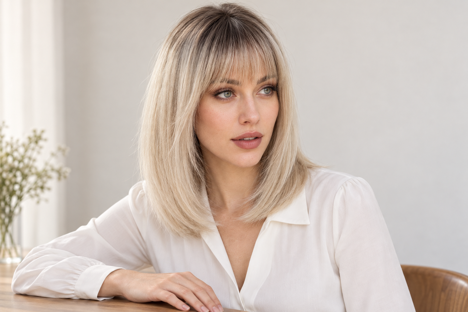 illustration of model3 showing a rooted blonde fringe bob in a three-quarter view.