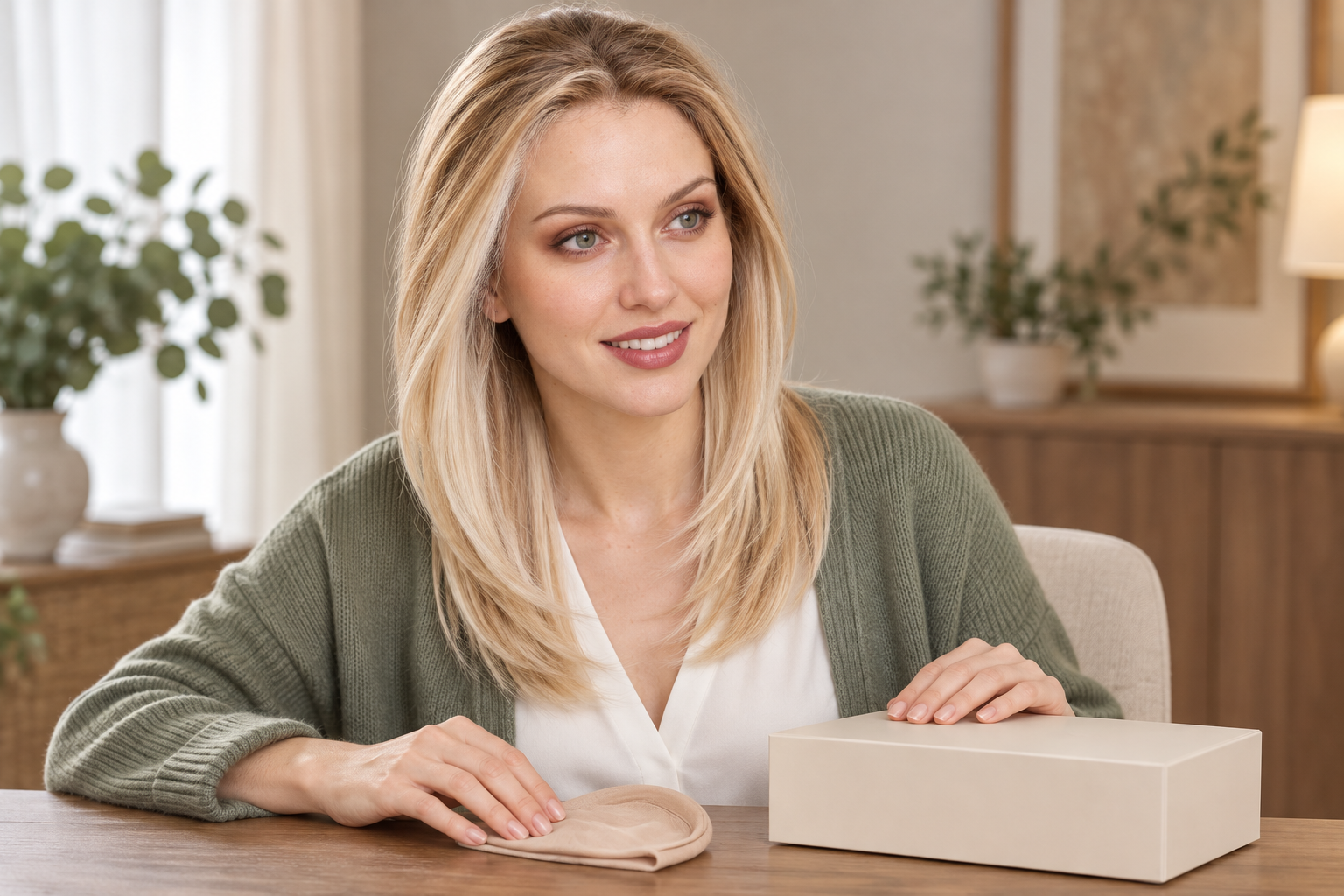 illustration of model3 wearing a golden layered wig beside a separate folded beige liner and box.