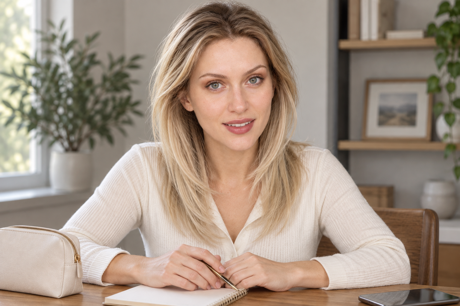 EVUNIA model 3 wearing golden layered hair, with a pen and notebook at a desk.