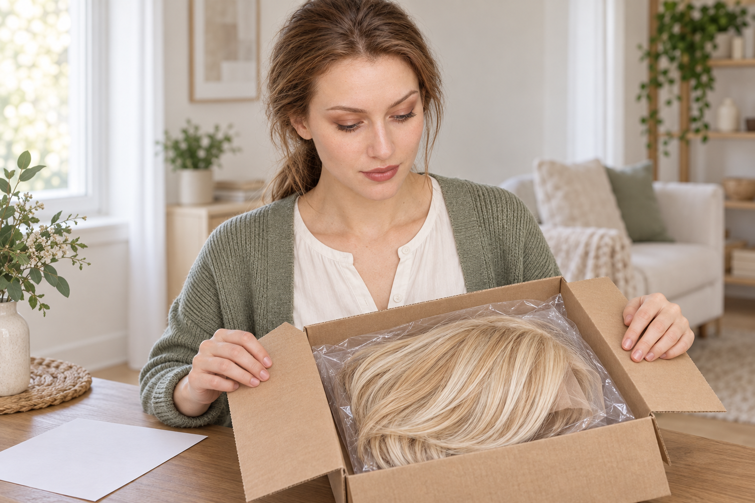 EVUNIA model 3 looking at a golden wig in a clear bag inside an open box.