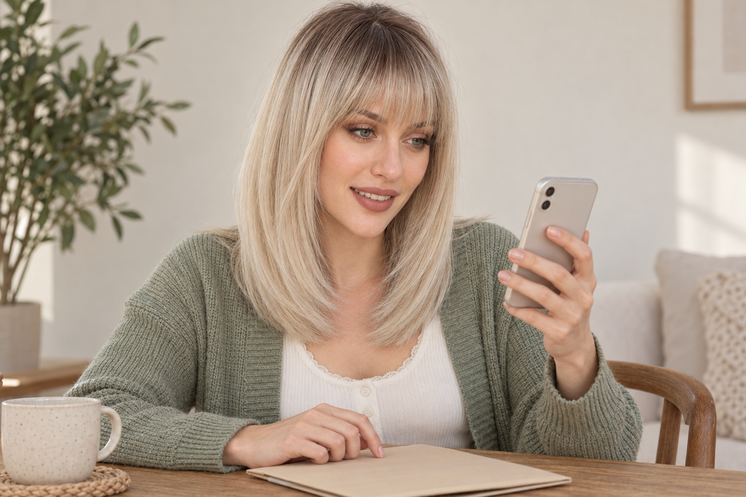 Model 3 with a blonde fringe looking at a phone while seated at a table.