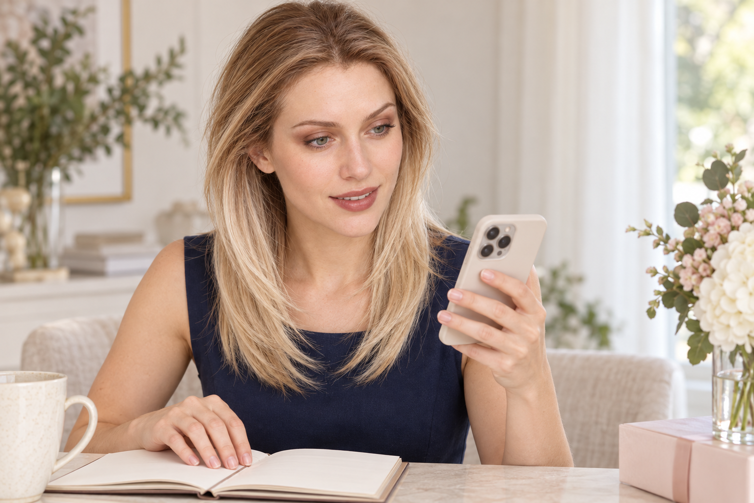 Model 3 in a navy sleeveless top looking at her phone beside an open notebook.