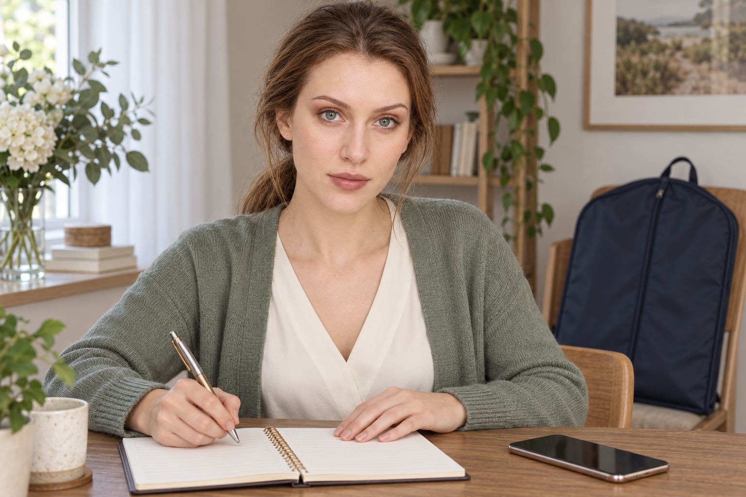 A woman holding a pen above a blank lined notebook, with a phone resting on the table.
