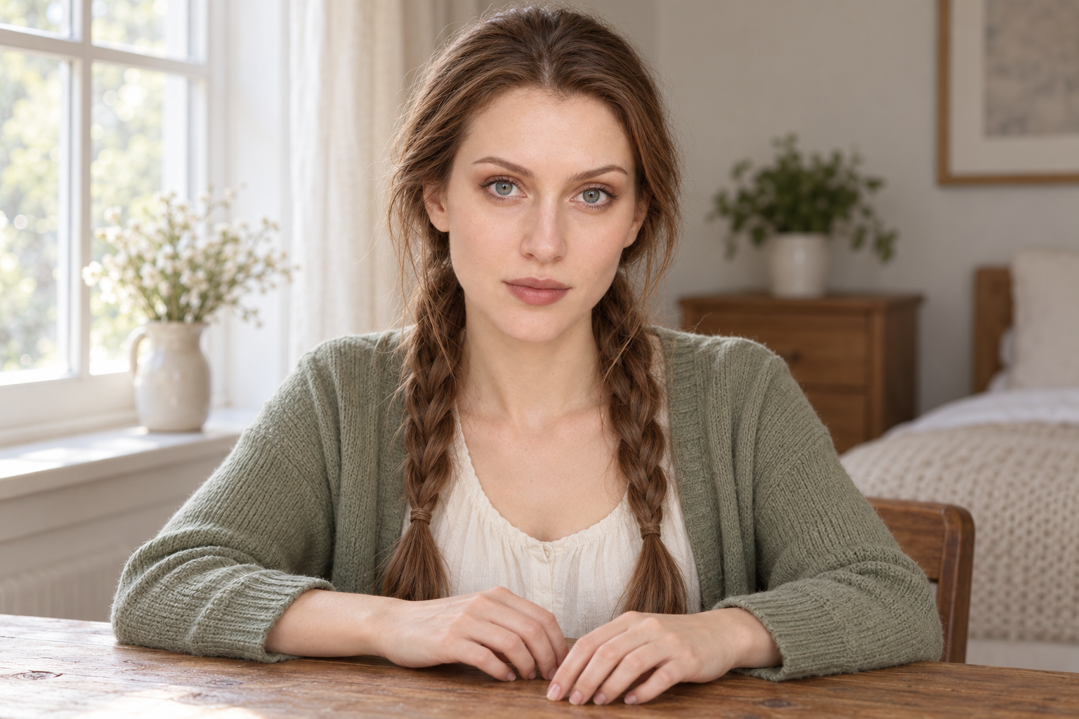 A woman with her own brown hair in two loose braids, seated with both hands resting on a wooden table.