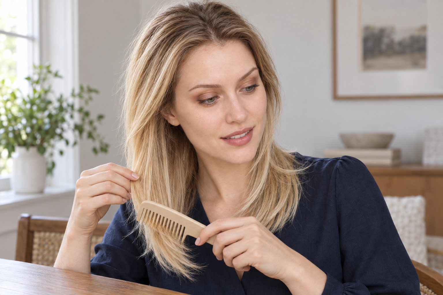 A woman supporting a small section of golden hair while holding a wide-tooth comb near its ends.
