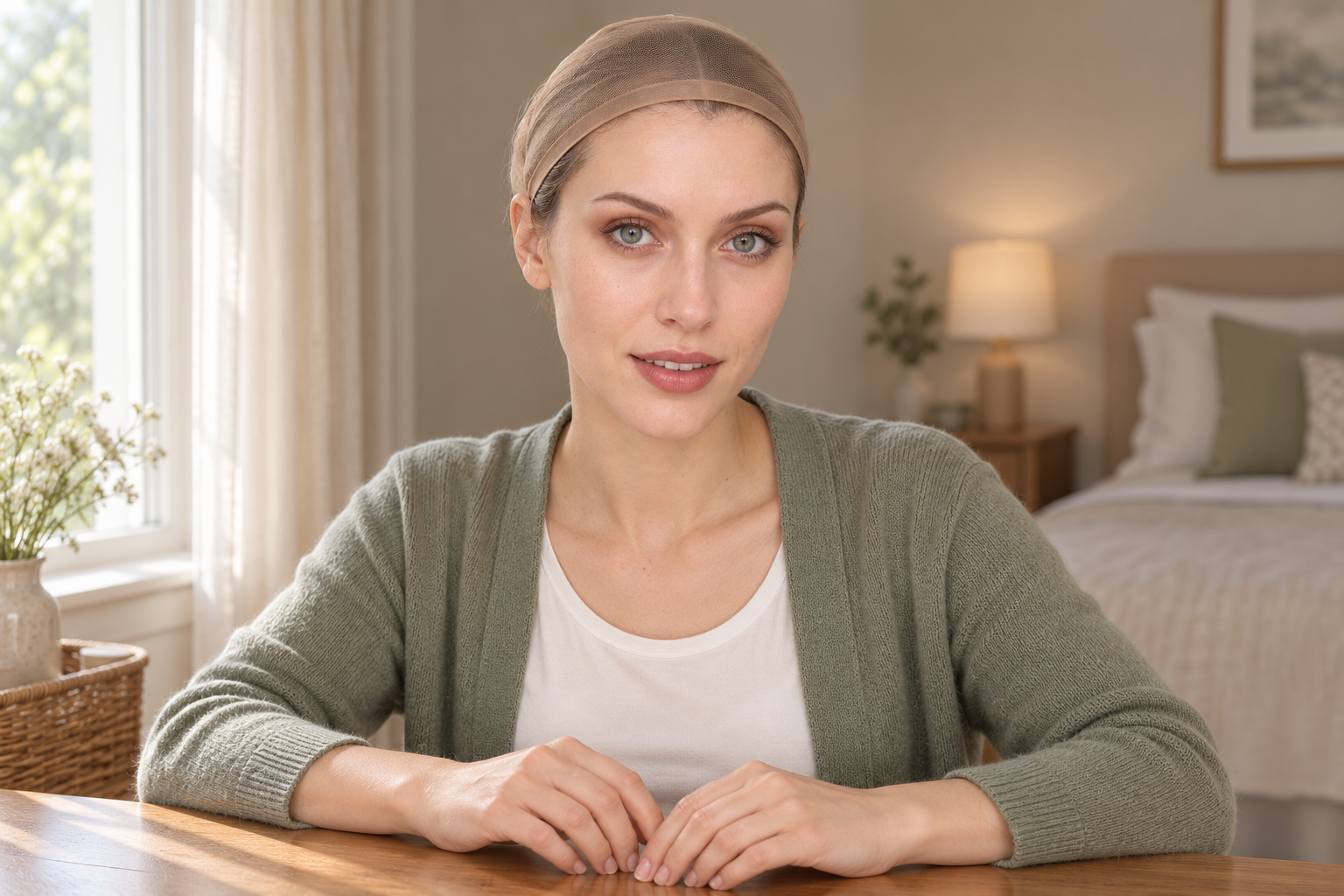 The same woman with brown hair contained in a light taupe liner that leaves her ears free.