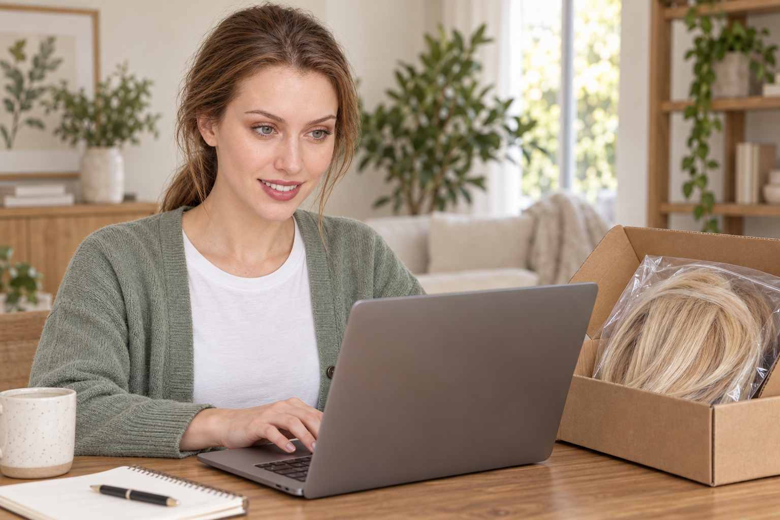 A woman with brown hair tied back looking toward a laptop, with a boxed golden wig resting on the table beside her.