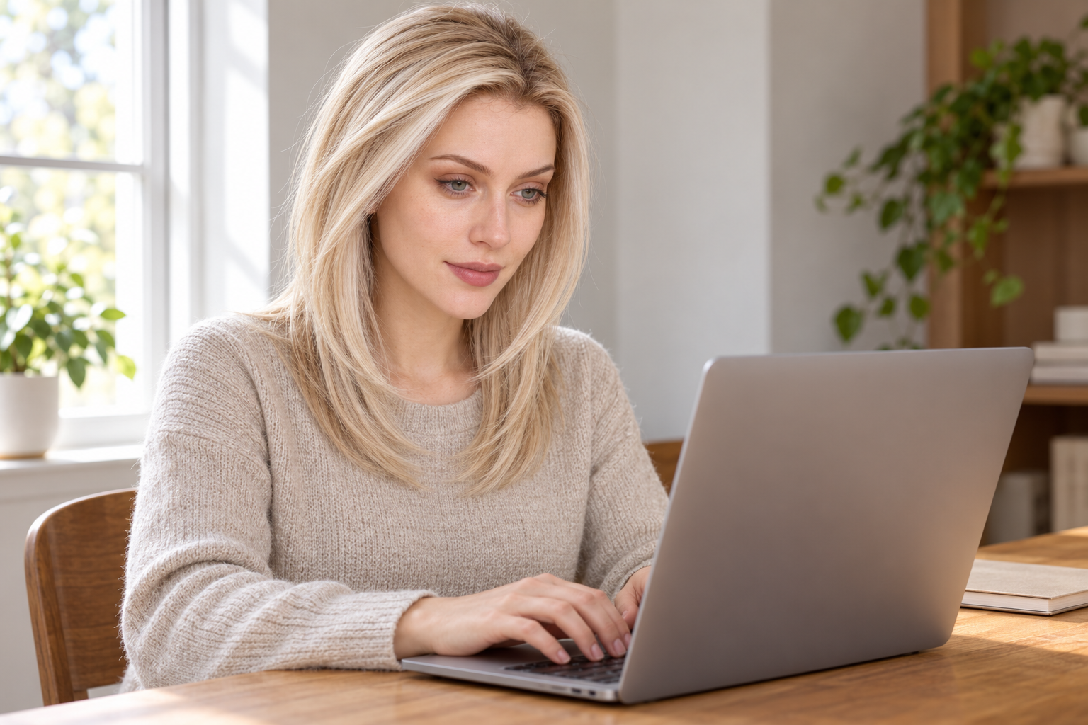 A woman with golden layered hair seated at a wooden desk with her hands on a laptop keyboard.