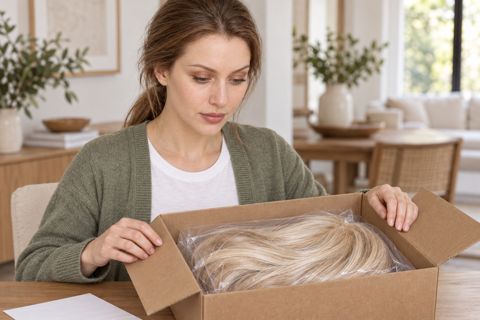 A woman with tied-back brown hair looking into an open box containing a golden wig protected by clear packaging.