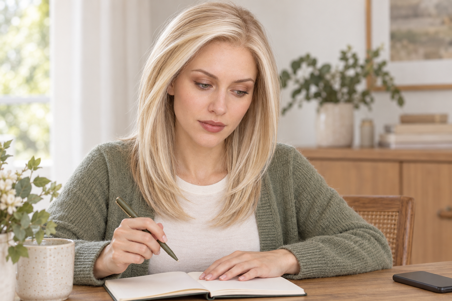 A woman with golden layered hair holding a pen over a blank notebook on a wooden table.