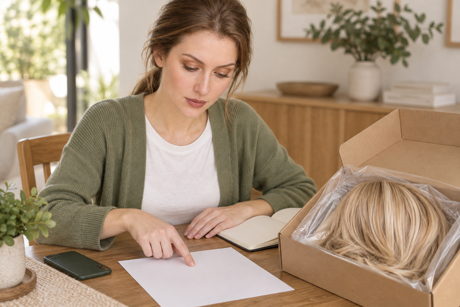 A woman with her own hair tied back points at a blank sheet beside a box containing a blonde wig.