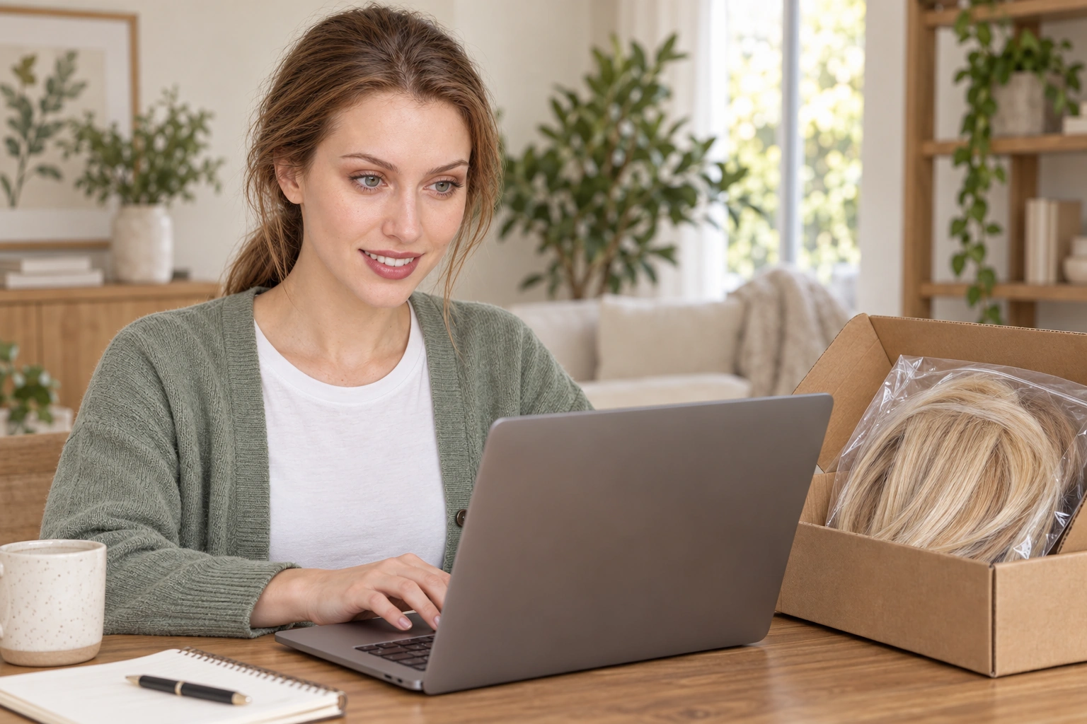 A woman with tied-back brown hair smiles at a laptop beside a box containing a blonde wig.