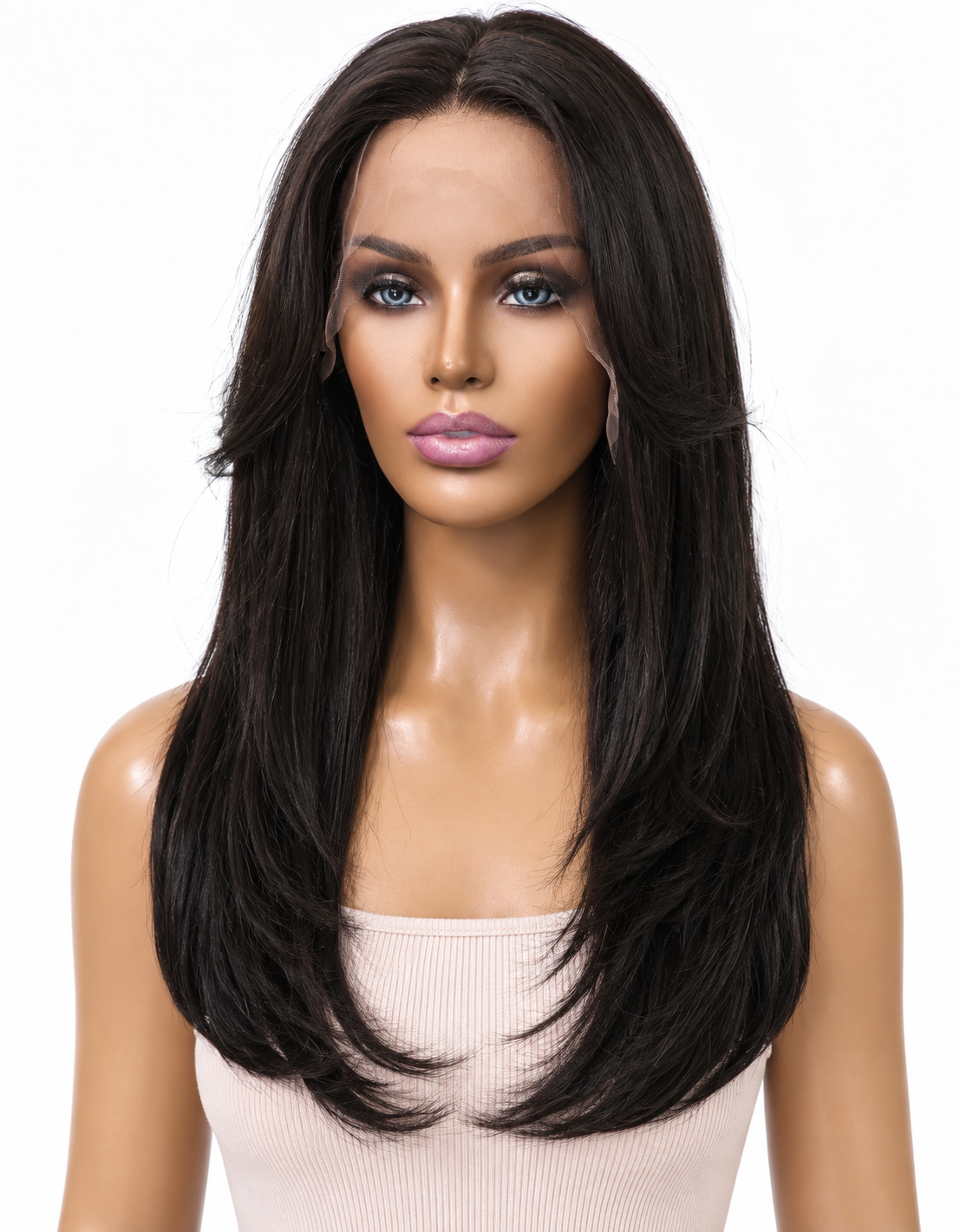 Ultra-Breathable Chocolate Layered Straight — Handmade Large-Area Lace Wig L — Jet Black Curved Layers
