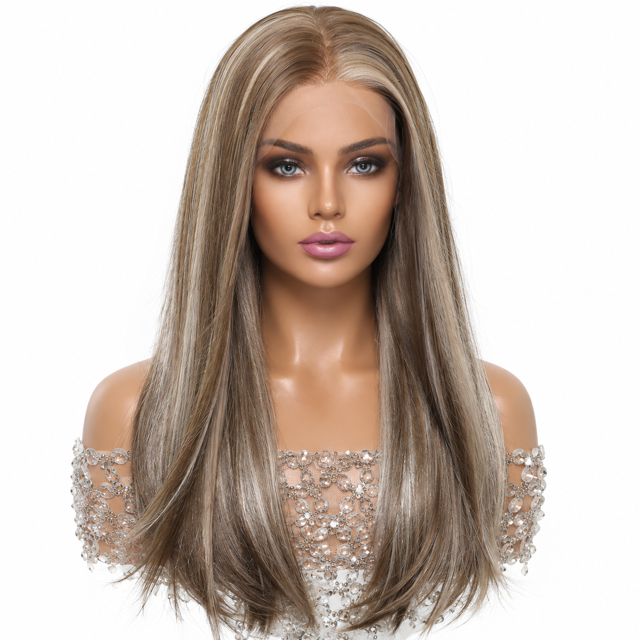 Ultra-Breathable Chocolate Layered Straight — Handmade Large-Area Lace Wig L — Ultra-Breathable Ash Gold Straight — Compact Lace