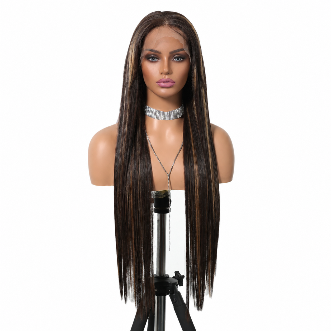 Ultra-Breathable Jet Black Sleek Layers — Handmade Large-Area Lace Wig L — Black with Brown Highlights