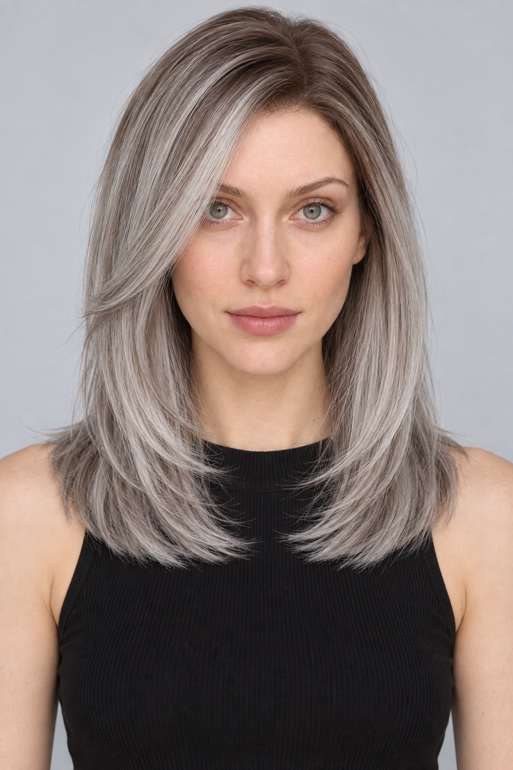 Ultra-Breathable Silver Balayage Layered Lob — Handmade Large-Area Lace Wig L