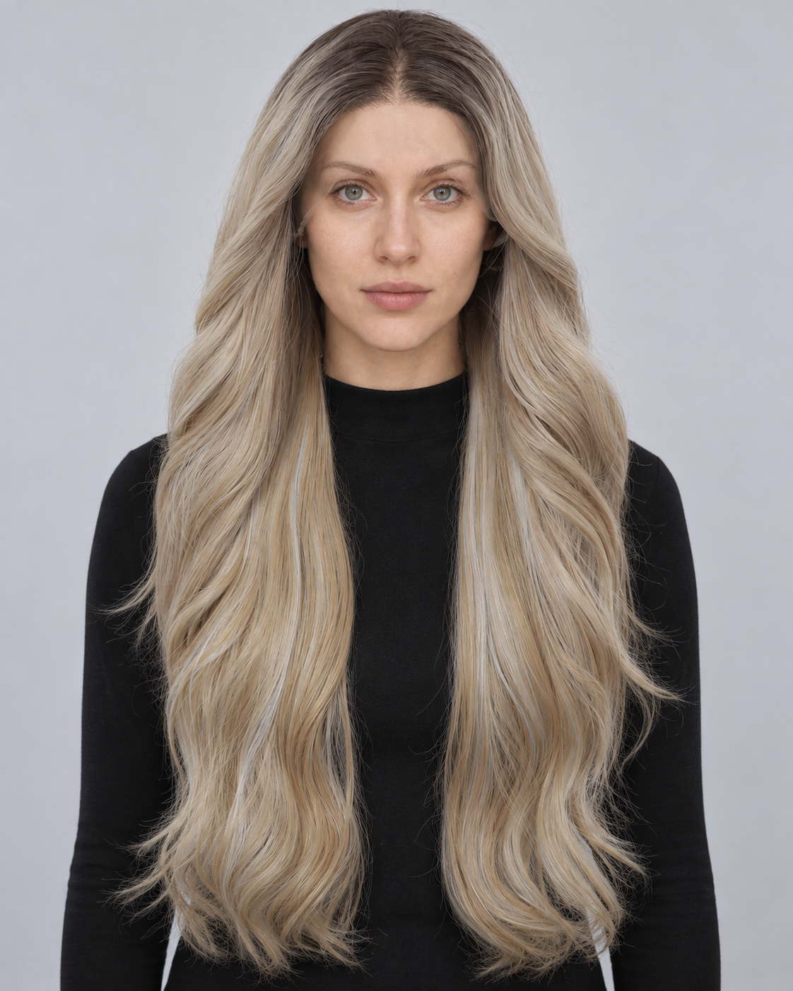 Ultra-Breathable Rooted Champagne Long Waves — Rooted Champagne Blonde — Model try-on