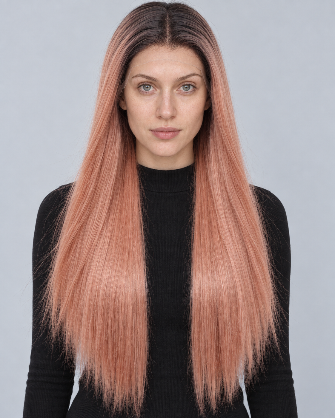 Ultra-Breathable Peach Pink Straight Ombre — Handmade Large-Area Lace Wig L