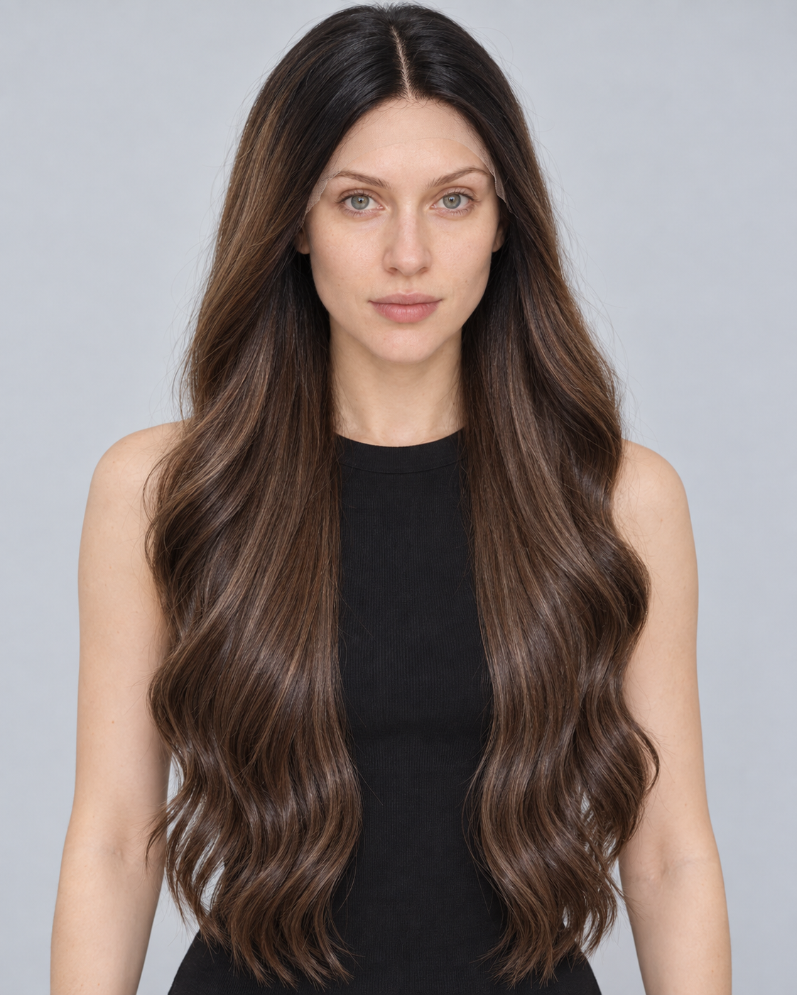 Ultra-Breathable Mocha Highlight Long Waves — Handmade Large-Area Lace Wig L