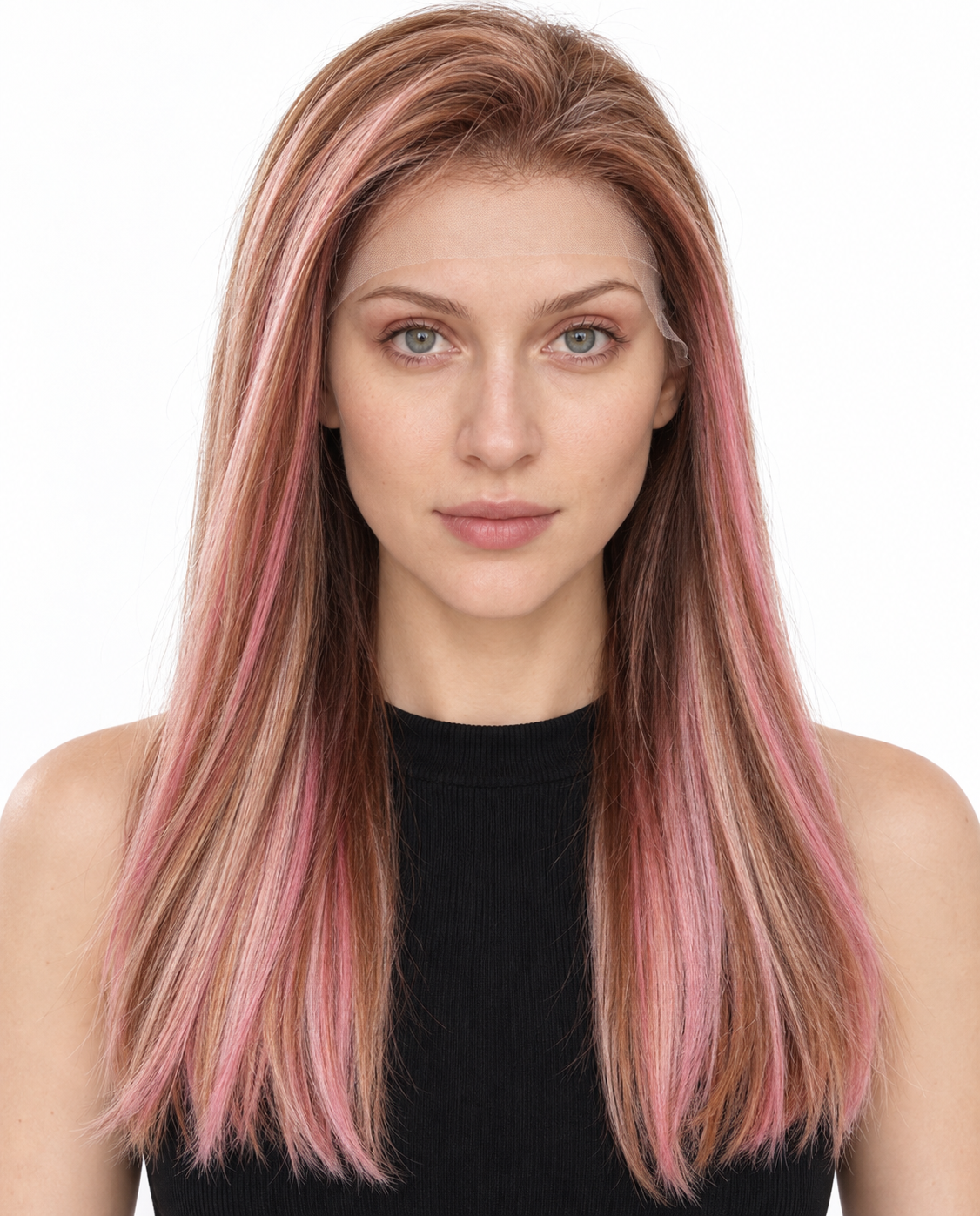 Ultra-Breathable Highlighted Straight Fully Hand-Tied Lace Human Hair Wig — Brown with Pink Highlights
