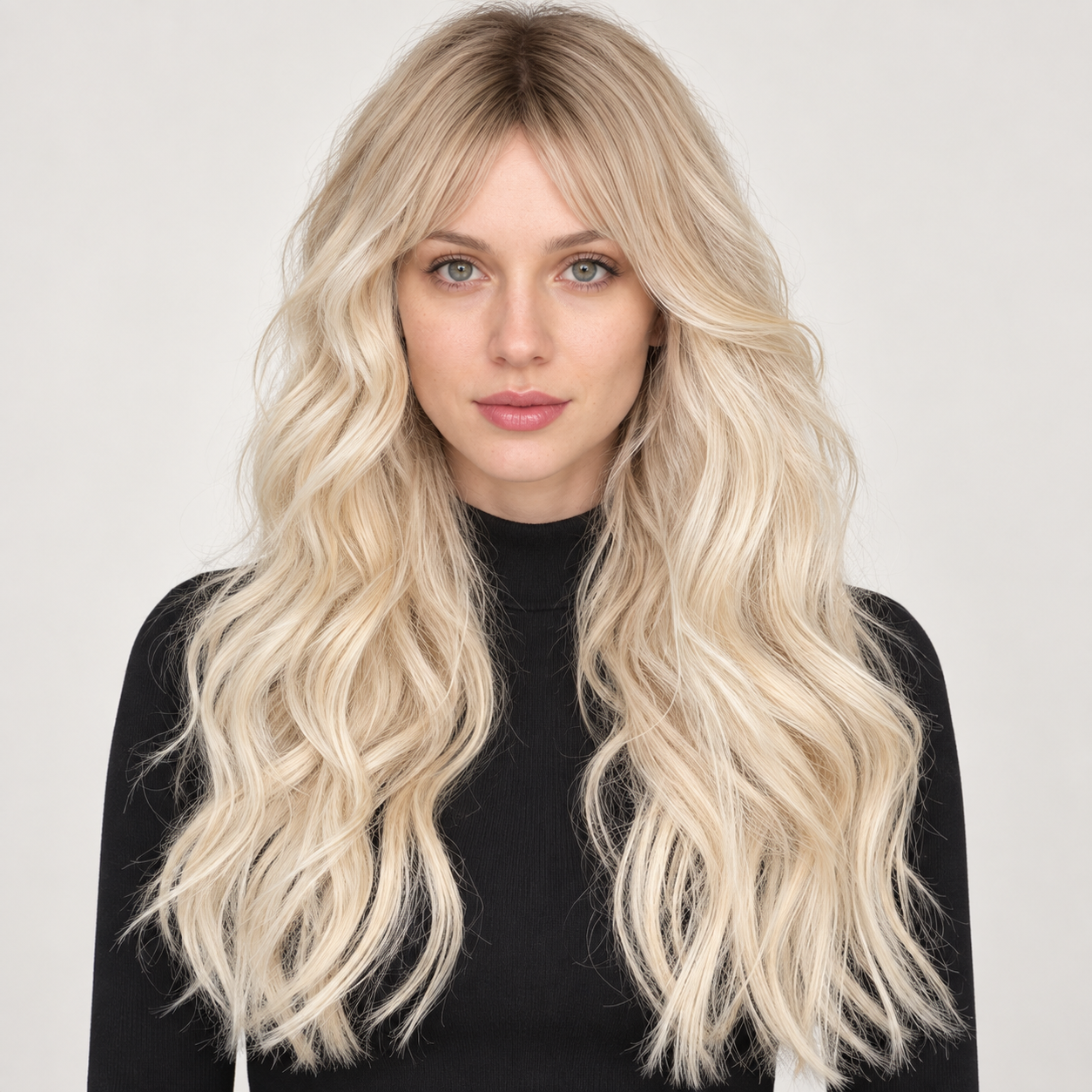 Soft Rooted Waves Synthetic Wig — Rooted Platinum Blonde — Model try-on